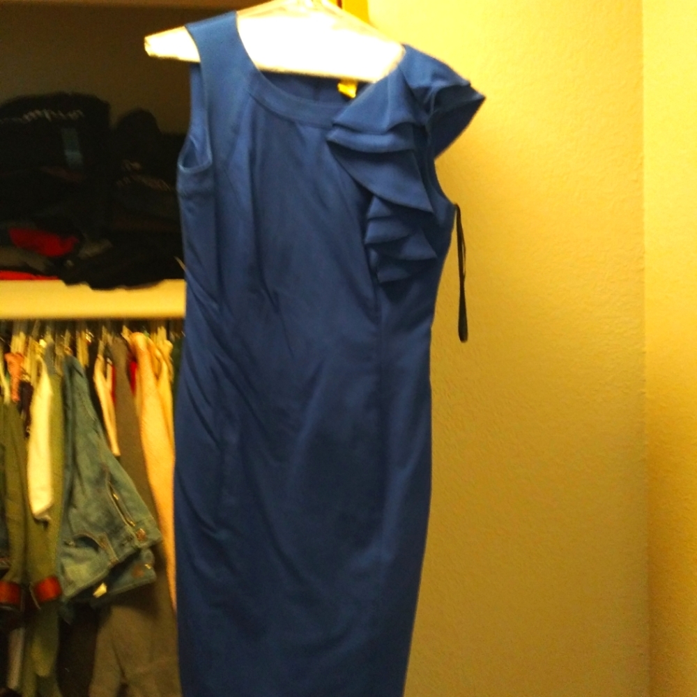 Royal Blue CALVIN KLEIN RUFFELED SHOULDER BEAUTIFUL DRESS PIC DOESN'T DO JUSTICE